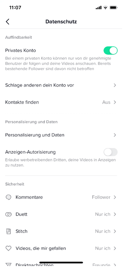 Screenshot möglicher TikTok Datenschutzeinstellungen auf deinem Handy
