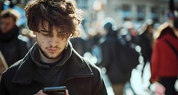 KI-Bild junger Mann schaut auf Smartphone