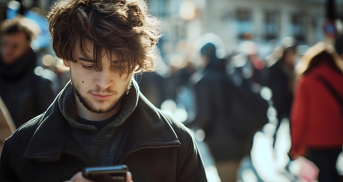 KI-Bild junger Mann cshaut auf Smartphone