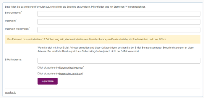 Foto zeigt das Registrierungsfeld