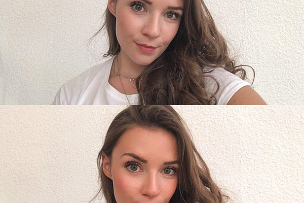 Zwei Portraitfotos untereinander zeigen die Wirkung von Filtern: Vorher-Nachher-Bild mit dem Instagram-Filter Colored Lenses