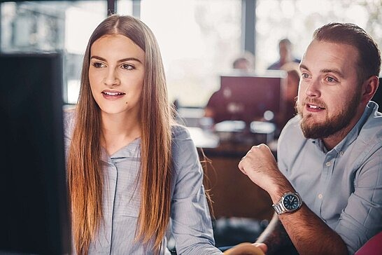 Berater sitzt mit junger Frau am Computer.