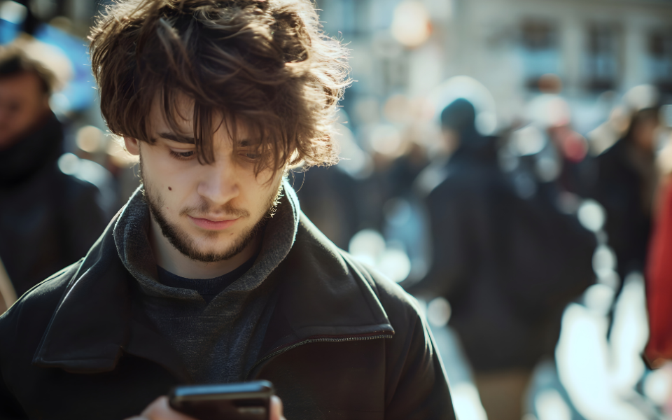 KI-Bild junger Mann schaut auf Smartphone