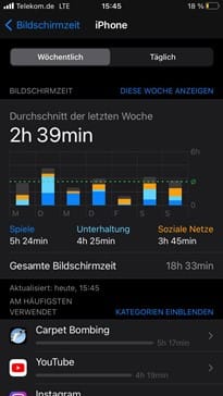 Screenshot der Bildschirmzeit einer Woche am Handy