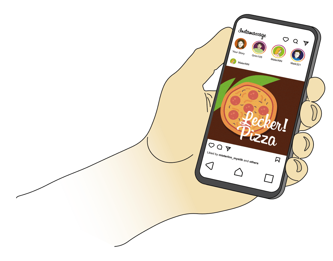 Auf einem Handy sieht man eine Social-Media-Seite. Man kann das Foto einer Pizza sehen.