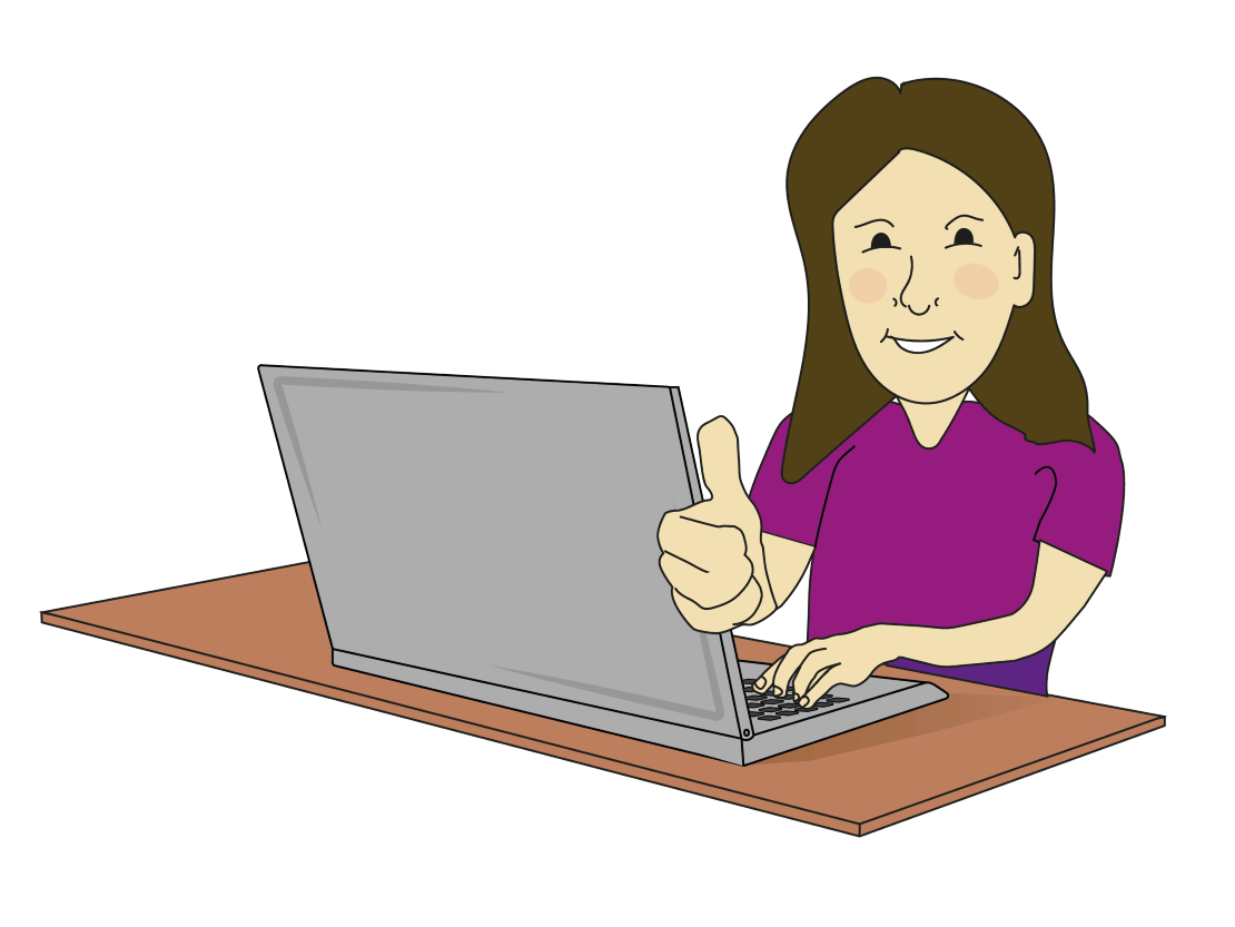 Eine Jugendliche sitzt fröhlich am Computer. Sie hält Ihren Daumen hoch.