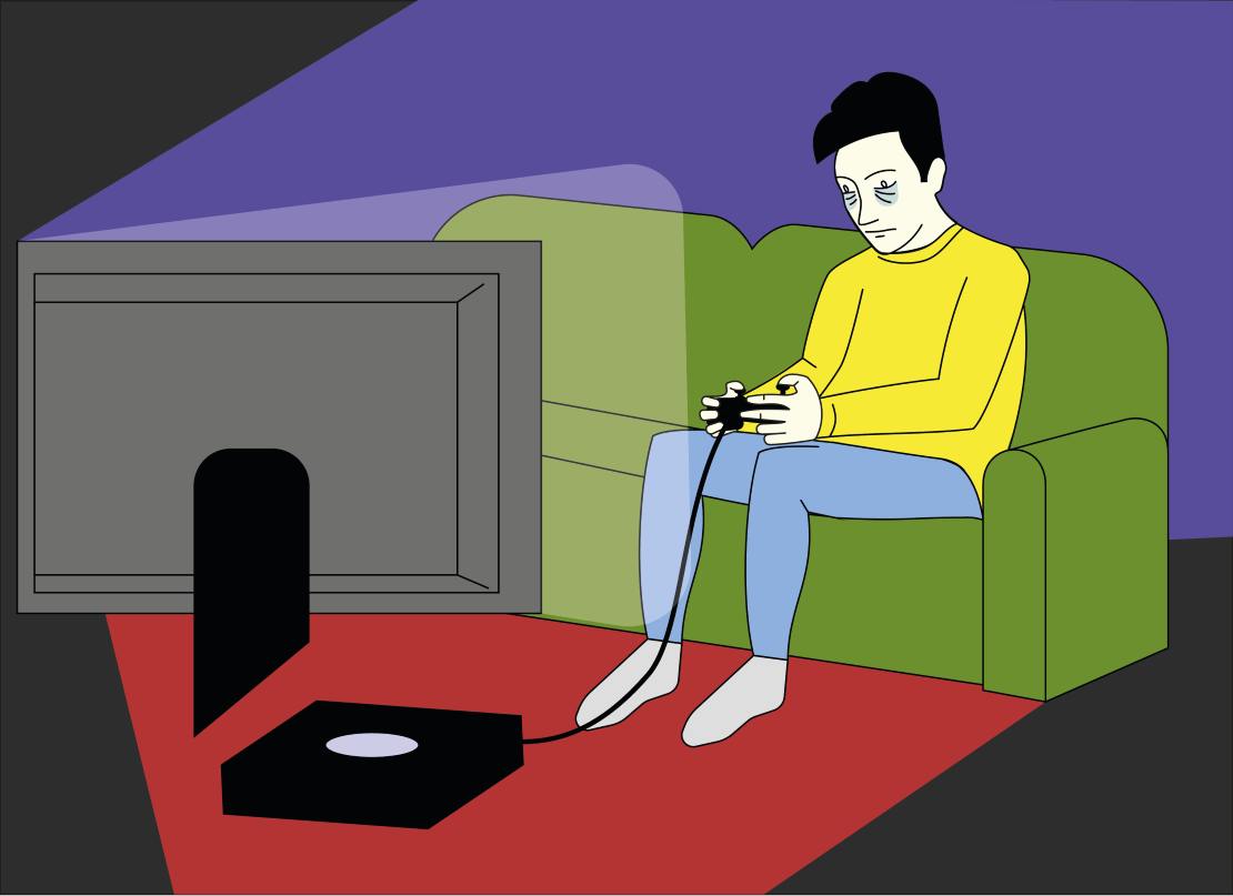 Ein Jugendlicher sitzt müde auf dem Sofa. Er spielt ein Videospiel.